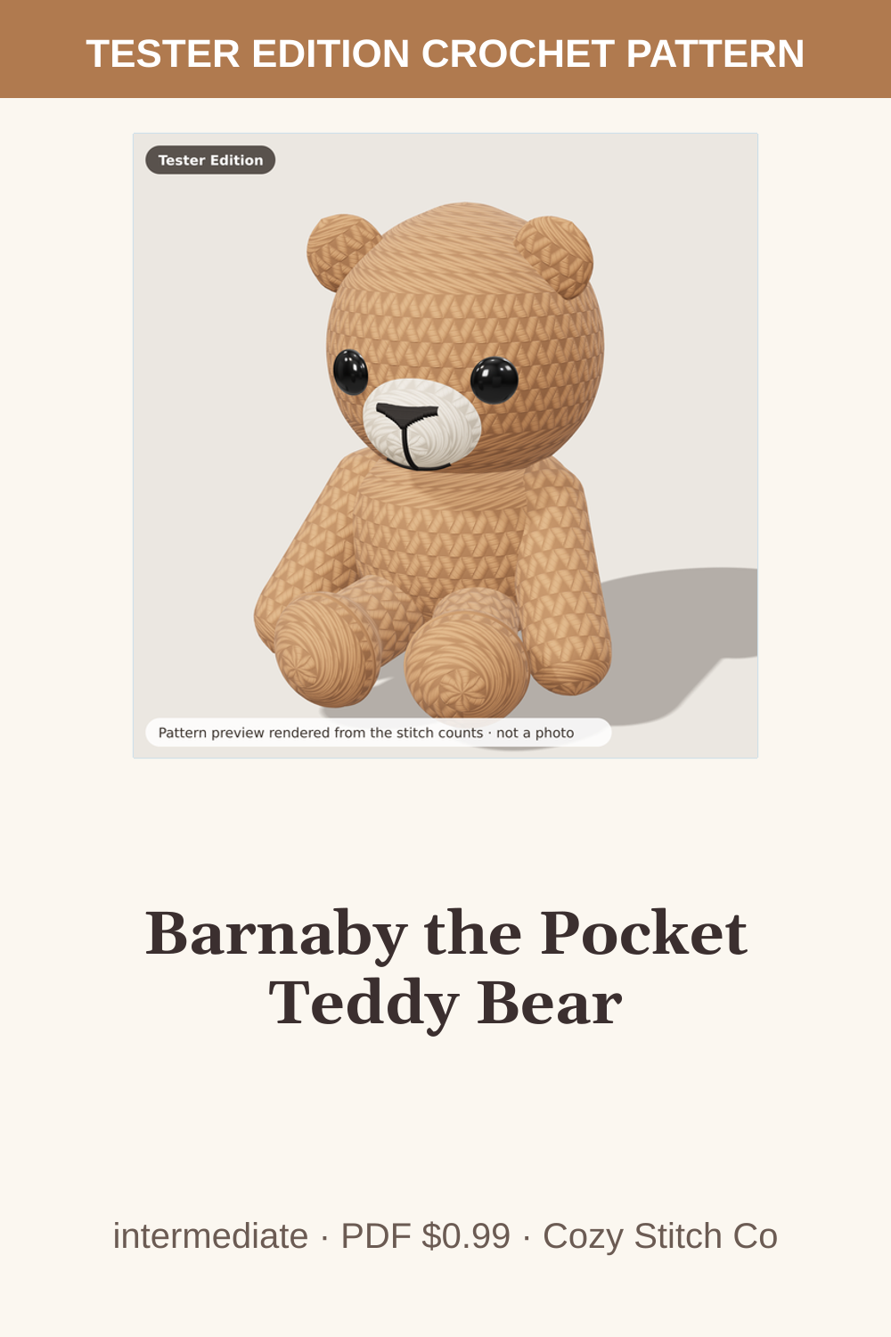 Pinterest pin for the Barnaby the Pocket Teddy Bear crochet pattern