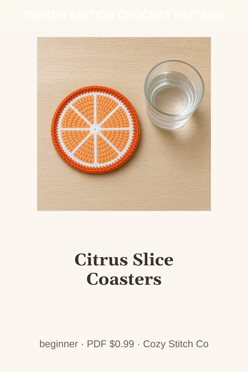 Pinterest pin for the Citrus Slice Coasters crochet pattern