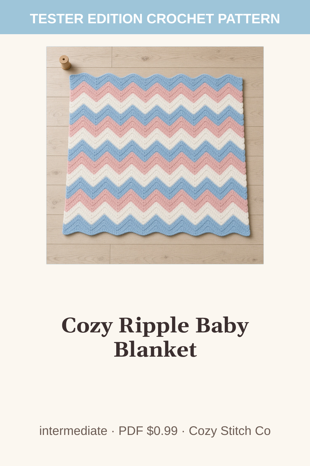 Pinterest pin for the Cozy Ripple Baby Blanket crochet pattern