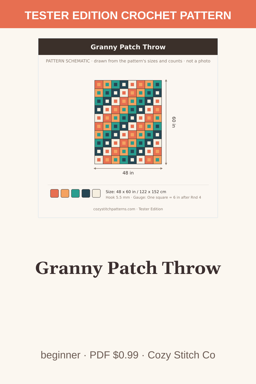 Pinterest pin for the Granny Patch Throw crochet pattern