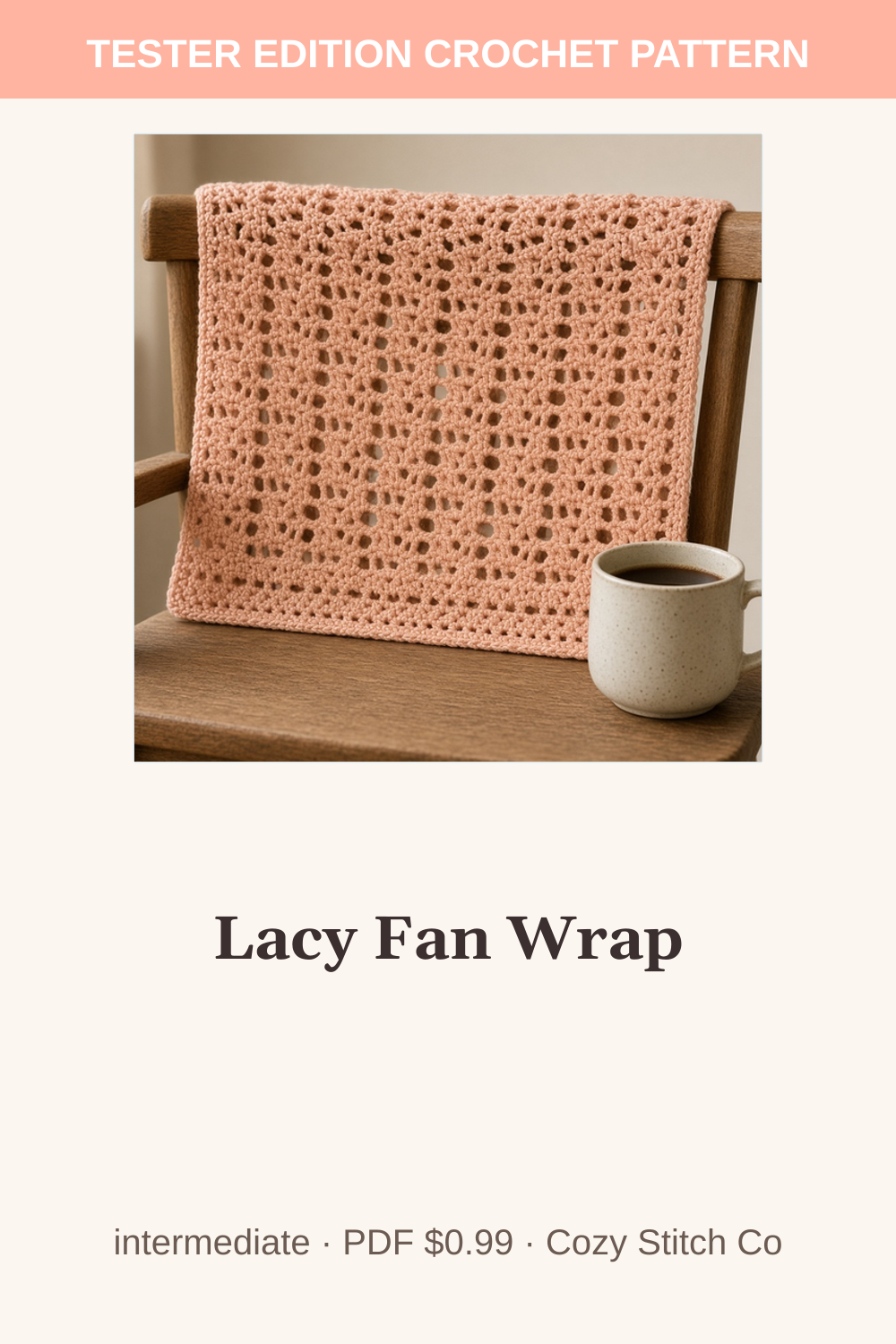 Pinterest pin for the Lacy Fan Wrap crochet pattern