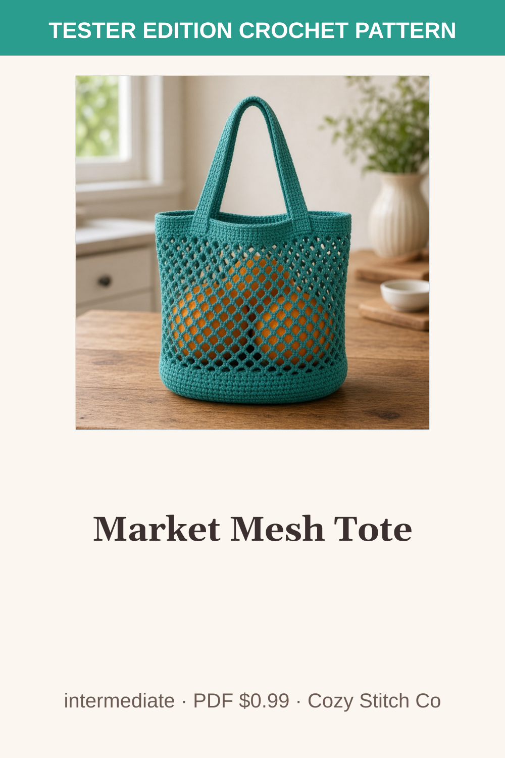 Pinterest pin for the Market Mesh Tote crochet pattern