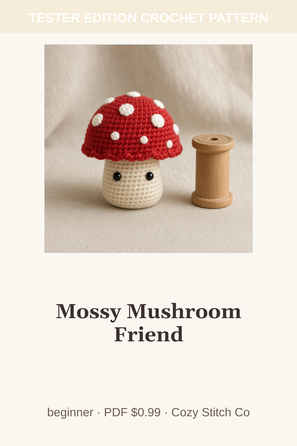 Pinterest pin for the Mossy Mushroom Friend crochet pattern