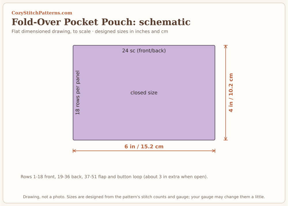 Fold-Over Pocket Pouch: flat dimensioned schematic drawn from the stitch counts and designed gauge, not a photo