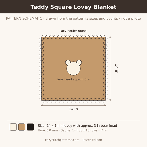 Teddy Square Lovey Blanket: pattern schematic drawn from the sizes and stitch counts · not a photo